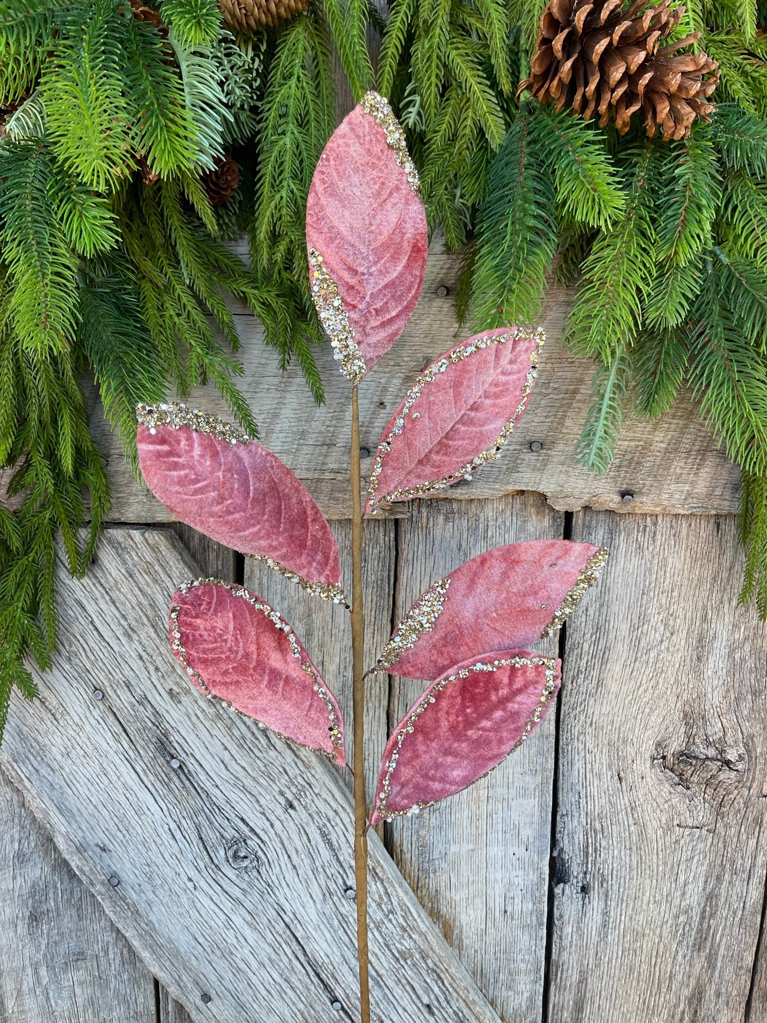 29 Dark Pink Velvet Glitter Leaf Spray, Christmas Spray, Christmas Tree