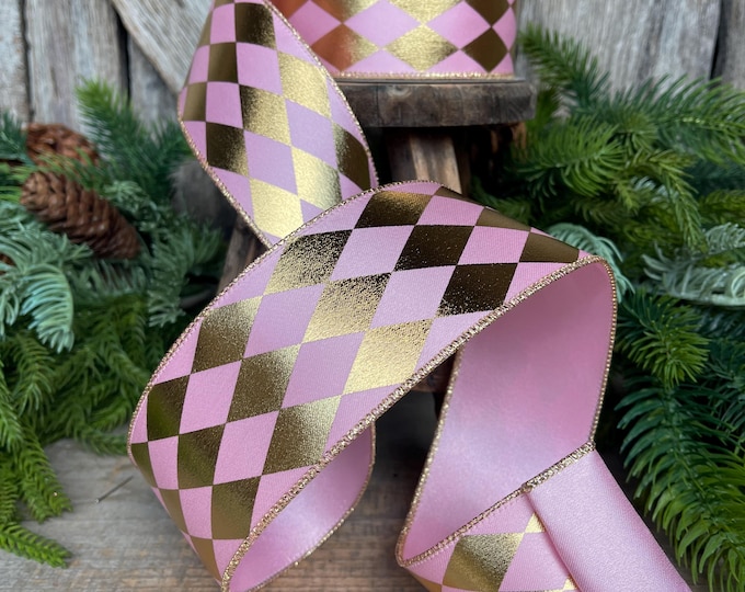 2.5" Pink Gold Harlequin Ribbon, Farrisilk Ribbon, Wired Ribbon, Frolly Jolly Pink Ribbon, Christmas Ribbon, Pink Harlequin Ribbon, RS266-14