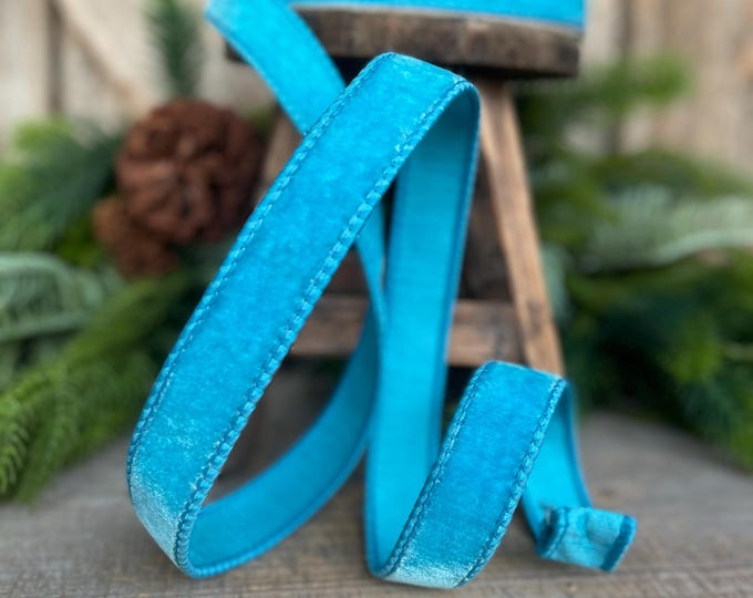 1" Sky Blue Velvet Ribbon, Farrisilk Ribbon, Velvet Ribbon, Bright Blue Velvet Ribbon, Christmas Ribbon, Wired Ribbon, RG008-81