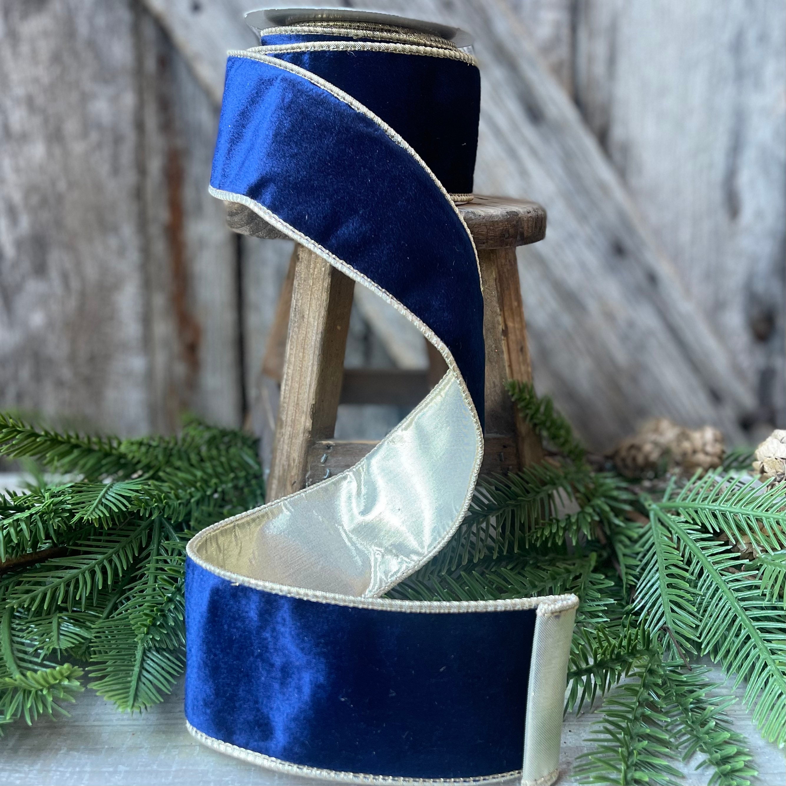 2.5 Navy Blue Velvet Wired Ribbon, 5 Yards Velvet, Navy Blue Christmas Velvet RIbbon, Blue and