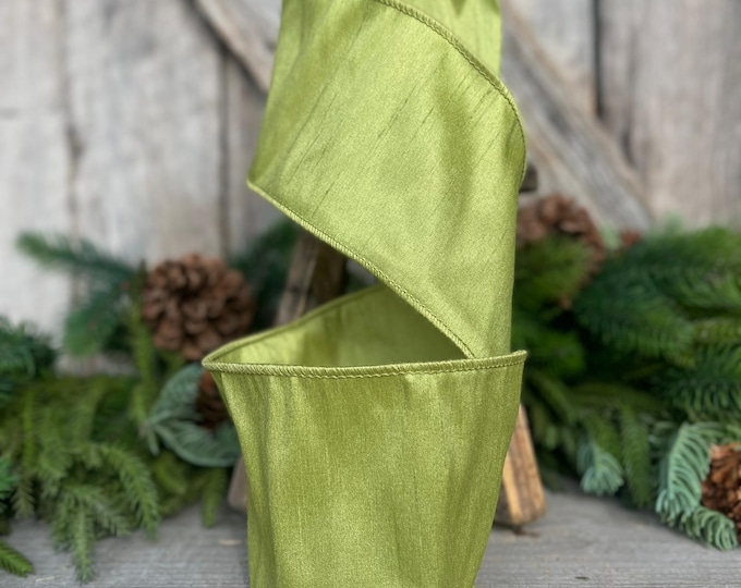 4" Moss Green Ribbon, Wired RIbbon, CHristmas RIbbon, Olive Green RIbbon, Green Grass Ribbon, Christmas Tree Ribbon, Dupioni Ribbon