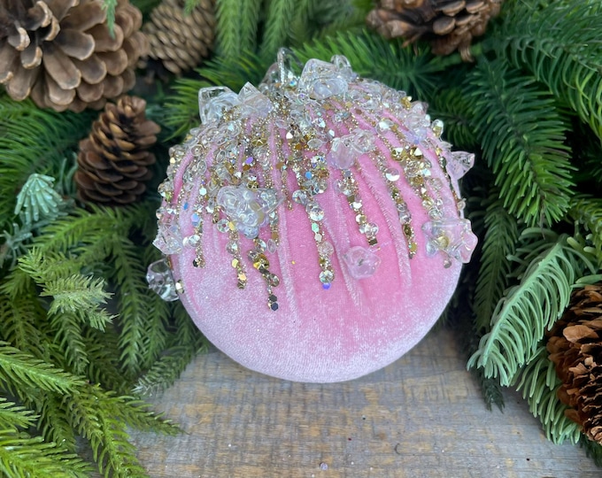 5" Light Pink Velvet Ornament, Pink Ornament, Jeweled Velvet Ornament, Christmas Tree Ornament, Pink Elegant Ornament, Farrisilk, FW362-14