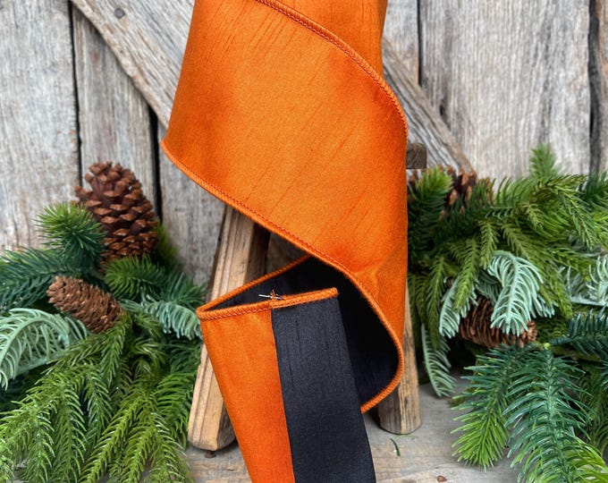 4" Orange Black Ribbon, Halloween Ribbon, Wired Ribbon, Designer RIbbon, Double Sided Ribbon, Dupion