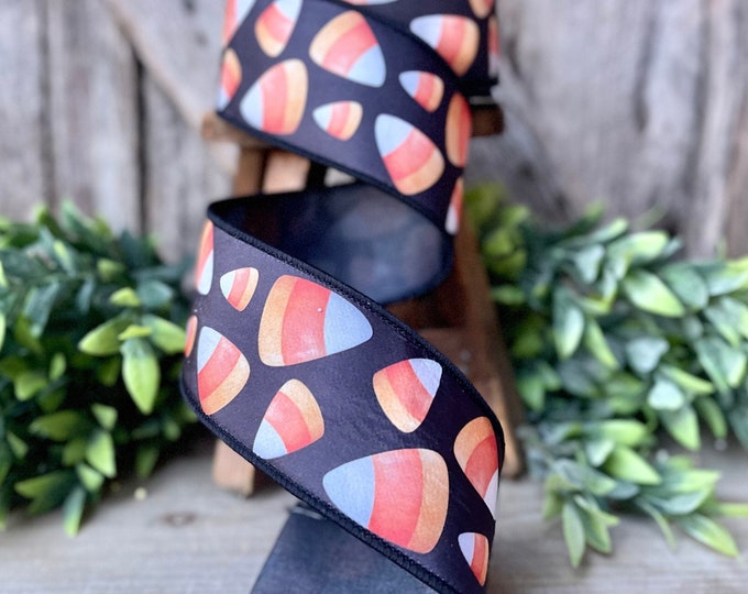 2.5" Candy Corn Wired Ribbon by Farrisilk, Halloween Ribbon, Candy Corn Decor, Wired Ribbon, Halloween Wreath Ribbon, Candy Corn Crafts