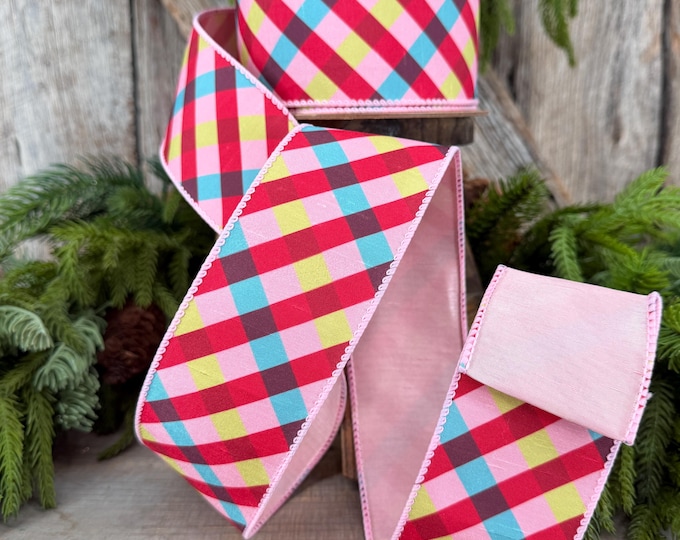 2.5" Pink Red Blue Christmas Plaid Wired Ribbon