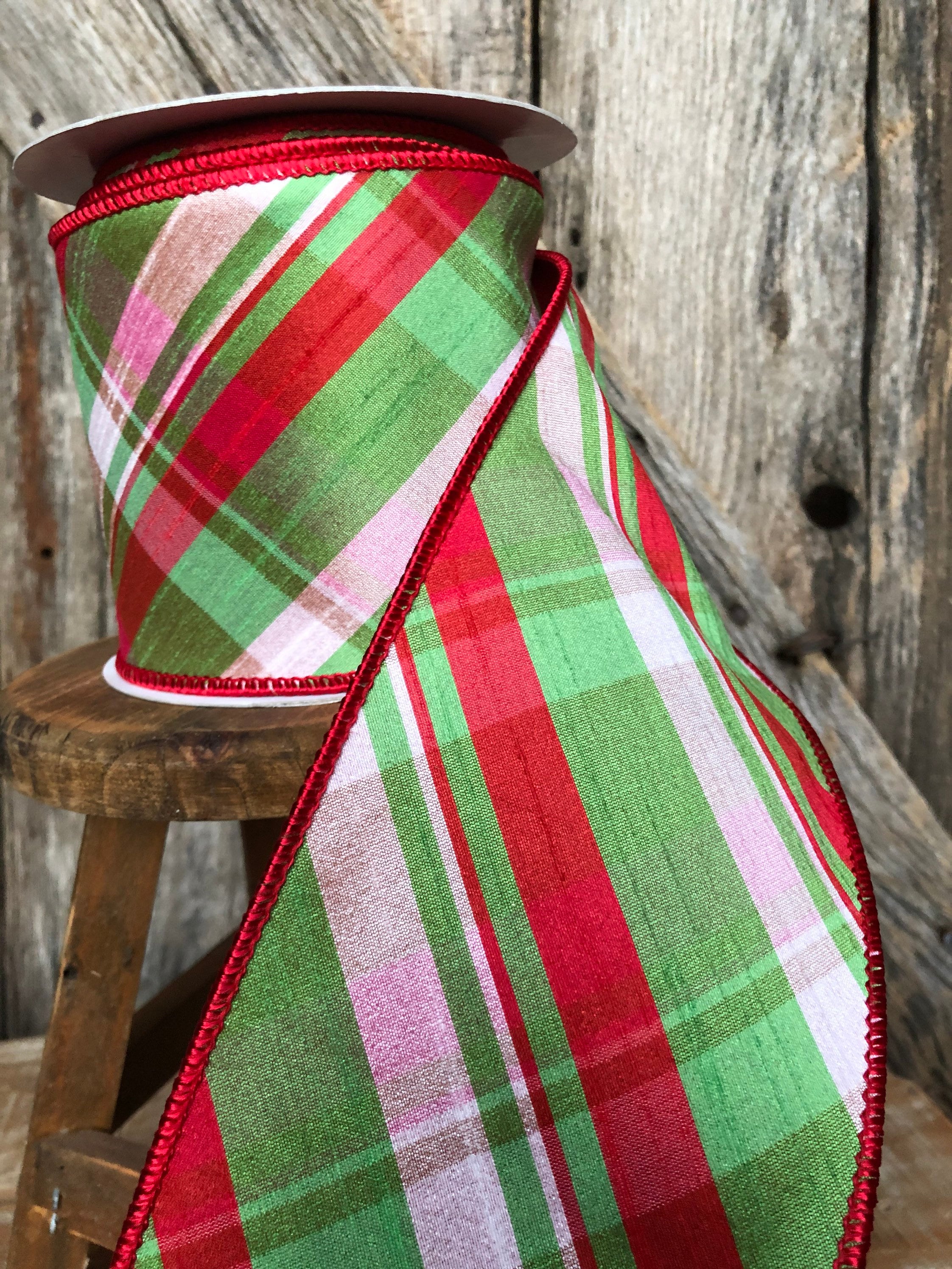 Christmas ribbon, Christmas tree ribbon, red green plaid ribbon