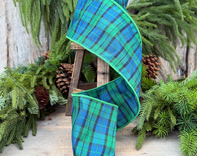 4" Blue Green Christmas Plaid Ribbon, Black Watch Plaid Ribbon, Navy Blue Plaid