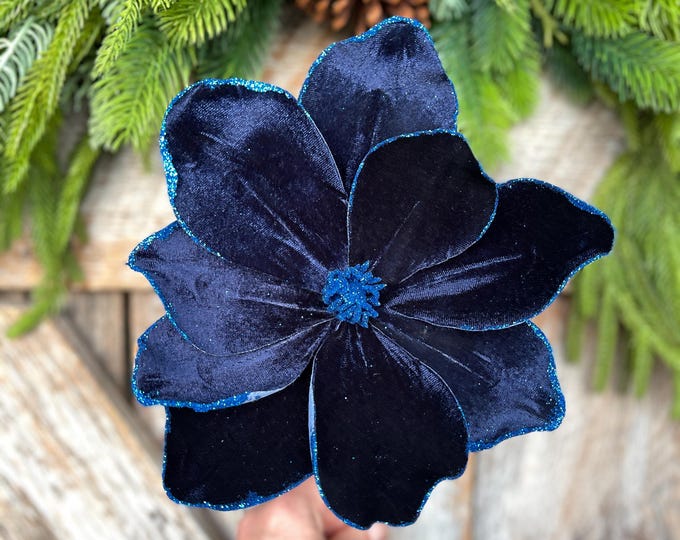 Navy Blue Velvet Magnolia Stem: Glitter Christmas Decor, 19"