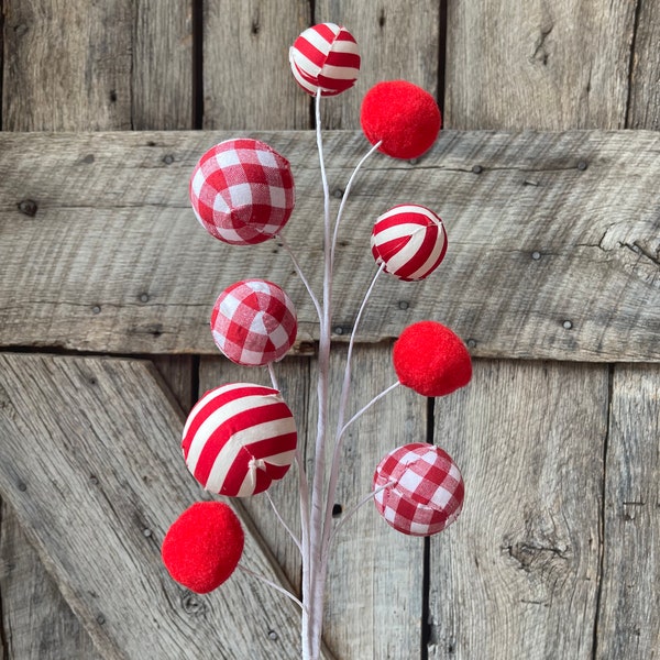 29" Red and White Ball Spray, Christmas Ball Spray, Red White Stripe and Check ball Spray, Christmas Decor, Christmas Spray, Wreath Supply