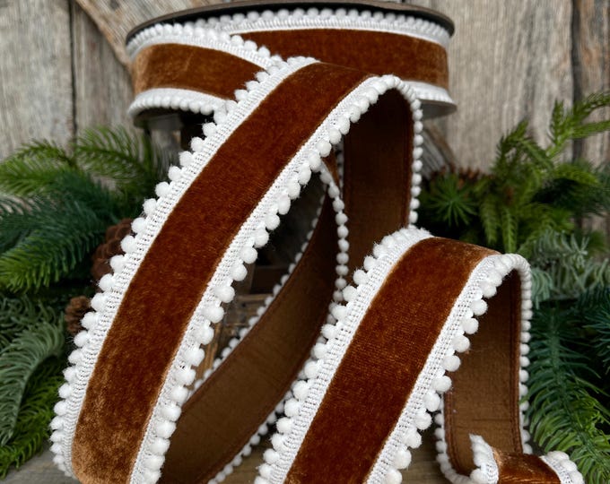 1.5" Chocolate Brown Gingerbread Ribbon with Pom Pom Edge, Wired Christmas Ribbon