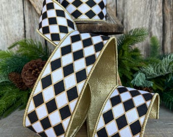 2.5" Black and White Harlequin Ribbon, Christmas Ribbon
