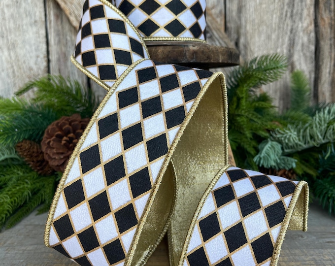 2.5" Black and White Harlequin Ribbon, Christmas Ribbon