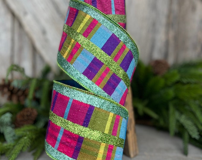 4" Glitter Jewel Tone Plaid, Pink Purple Plaid ribbon, Designer Ribbon, Wired Ribbon, Spring Plaid, Summer Plaid, Glitter Plaid, Wreath