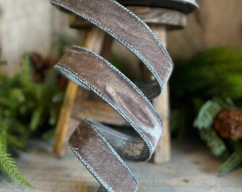 1" Gray Velvet Wired Ribbon, Steel Gray Ribbon, Velvet Ribbon, Farrisilk Ribbon, Christmas Ribbon, Christmas Decor, Grey Ribbon, RV001-64