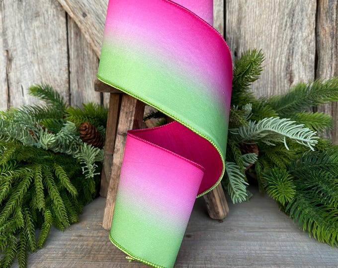 4" Pink Lime Green Vibrant Horizon Ribbon, Farrisilk RIbbon, Wired RIbbon, SPring Ribbon, 2 Tone Ribbon, Ombre Ribbon, SR033-32