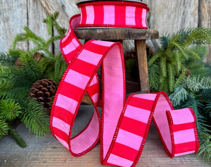 1.5" Red & Pink Stripe Ribbon, Christmas Ribbon, Pinkmas Ribon, Candy Cane Ribbon, Pink Ribbon, Pink Christmas Tree Ribbon, Wired Ribbon