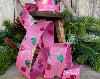 1.5" Pink Christmas Ribbon, Christmas Lights Ribbon, Bubblegum Pink Ribbon,  vintage christmas lights, Christmas tree ribbon, 72506-09-44