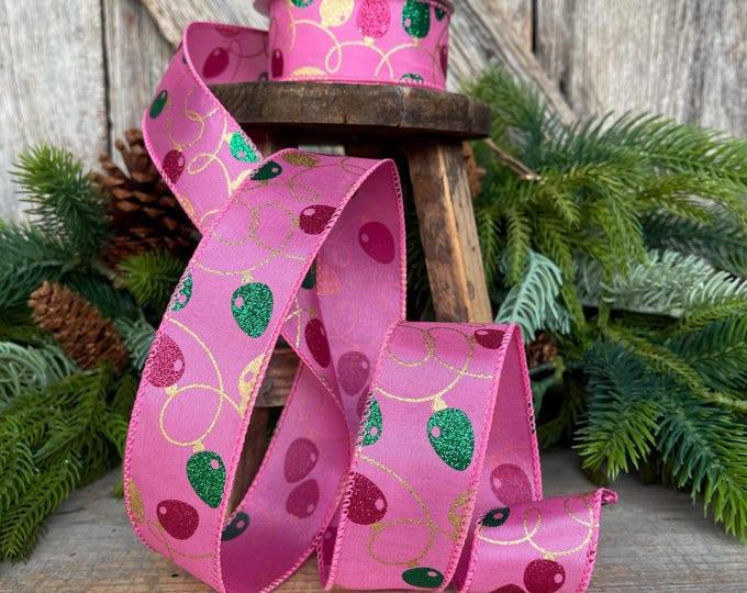 1.5" Pink Christmas Ribbon, Christmas Lights Ribbon, Bubblegum Pink Ribbon,  vintage christmas lights, Christmas tree ribbon, 72506-09-44