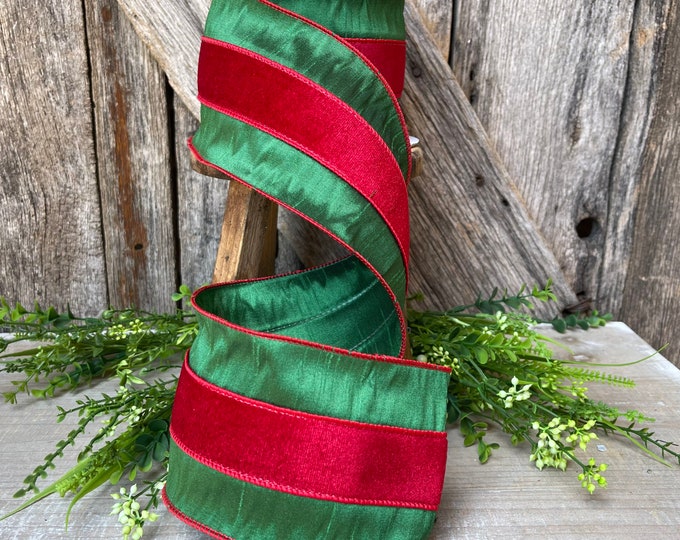 4 Emerald Green and Red Velvet Stripe Wired Ribbon, Christmas Tree Ribbon, Green and Red Striped