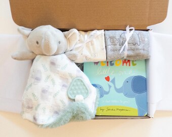 Gender Neutral Baby Gift Box | Elephant Lovey, Bodysuits & Board Book