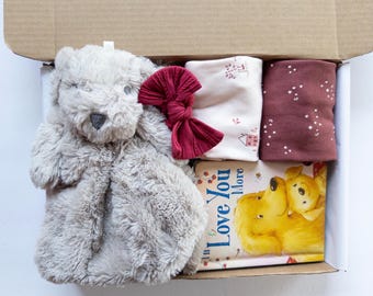 Dog-Themed Baby Girl Gift Box: Book, Headband Bow, Bodysuits and Security Blanket