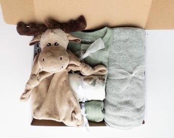 Gender Neutral Gift Set for Baby - Moose Lovey, 3-piece Outfit, Blanket and Optional Book