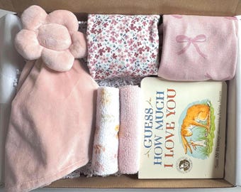 Pink Baby Girl Gift Box: Flower Blanket, Bodysuits, Book & Keepsake