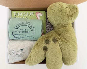 Dinosaur Baby Gift Box | Gender Neutral | Long sleeve Bodysuits, Book, Plush Dinosaur