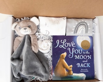 Neutral Baby Gift Box – Bear Security Blanket, Bodysuits, Board Book