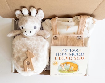 Organic Gender Neutral Baby Gift Box | Neutral Baby Shower Gift | Giraffe Lovey Security Blanket | Baby Outfit  Knit Overalls | New Baby
