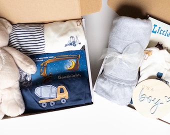 Twin Baby Boy Gift Box – Construction and Truck Theme, Newborn Essentials