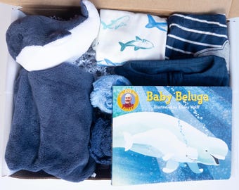 Baby Boy Gift Box: Whale Lovey, Outfit, Washcloths & Optional Book