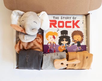 Music Themed Baby Boy Gift Box – Elephant Security Blanket, Bodysuits and Board Book