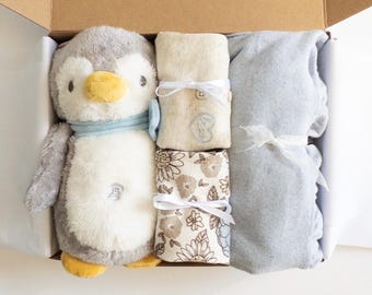 Baby Girl Gift Box – Plush Penguin Toy, Bodysuits, Cozy Blanket