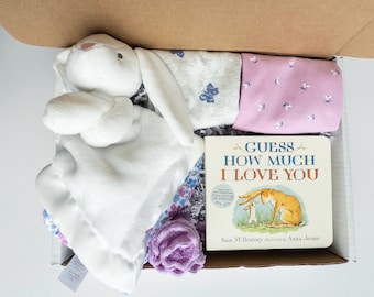 Baby Girl Bunny Gift Box - Includes Bunny Security Blanket, Bodysuits, Book, Washcloth