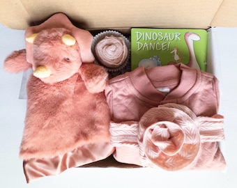 Pink Dinosaur Baby Girl Gift Box: Lovey, Jumpsuit, Book, Headband (Ready to Gift)
