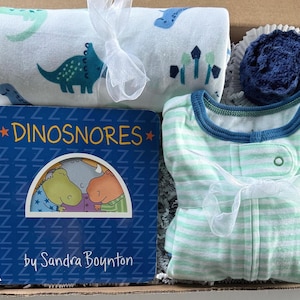 Baby shower gift, neutral gift box, baby shower gift, newborn gift, welcome baby gift, gender neutral gift package, sleeper, dinosaur toy