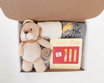 Baby Boy Gift Box: Book, Long Sleeve Bodysuits, Lion, Washcloth - Ready to Gift