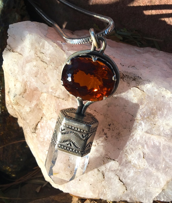 Artisan Handcrafted Citrine Clear Quartz Necklace Sterling - Citrine Clear Quartz Pendant