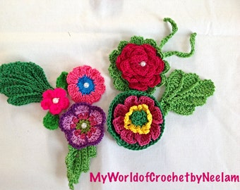 May include: Crocheted flowers in pink, red, purple, blue, green and yellow with white pearl centers. The flowers are arranged on a white background with the text "MyWorldofCrochetybyNeelam".