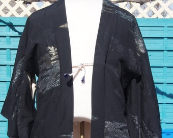 Vintage Japanese Haori Silk Kimono Jacket - Black with Metallic Thread Design