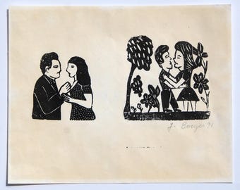 Brazilian Folk Artist J. BORGES Original 1991 Signed Small Woodblock Print Lovers