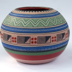 May include: A round, hand-painted ceramic pot with a wide opening. The pot features bands of color including red, green, blue, and tan, with geometric patterns in black and white. The design includes zigzags, spirals, and dotted circles.