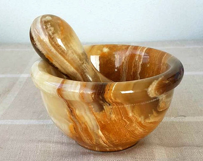 Vintage Solid Marble Mortar and Pestle Onyx Stone Mortar With Pestle Carved Natural Stone Herb