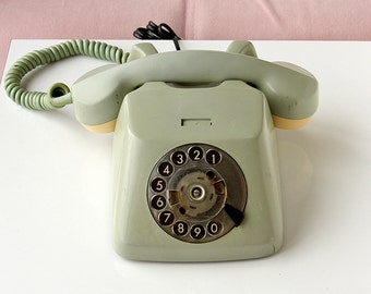 Vintage rotary phone 1960's German dial phone Sage green TT Mid century Old telephone Classic desk phone Retro home decor
