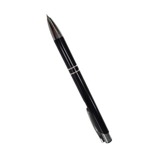 May include: A black pen with silver accents and a clip. The pen has a pointed tip and a smooth, cylindrical body.