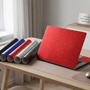 May include: A laptop with a textured red Damascus vinyl skin applied to the lid, accompanied by five rolled vinyl sheets in black, blue, red, silver, and dark gray. A sign on the desk reads Premium Damascus Vinyl Laptop Skins.