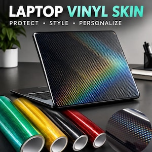 May include: A laptop vinyl skin featuring a black surface with a holographic dot pattern that reflects rainbow colors. The text LAPTOP VINYL SKIN PROTECT • STYLE • PERSONALIZE appears above. Four additional rolls of vinyl in green, yellow, black, and red are shown.
