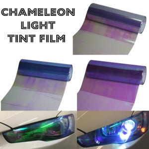 May include: Chameleon Light Tint Film, a roll of iridescent film that changes color in the light. The film is shown rolled up and applied to a car's headlights, creating a colorful effect.