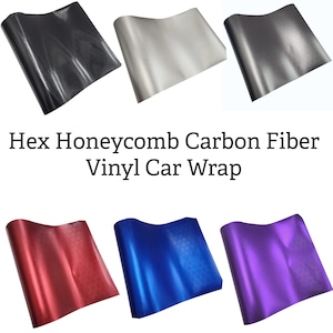 May include: A collection of six rolls of Hex Honeycomb Carbon Fiber Vinyl Car Wrap in various colors. The colors include black, silver, gray, red, blue, and purple. Each roll displays a honeycomb pattern.